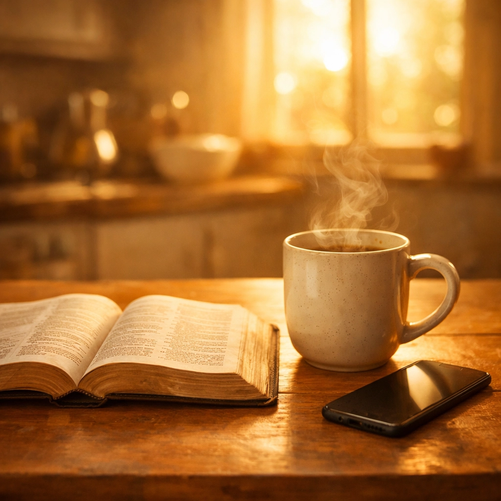 Open Bible with coffee and phone on morning table - grounding yourself before reading news