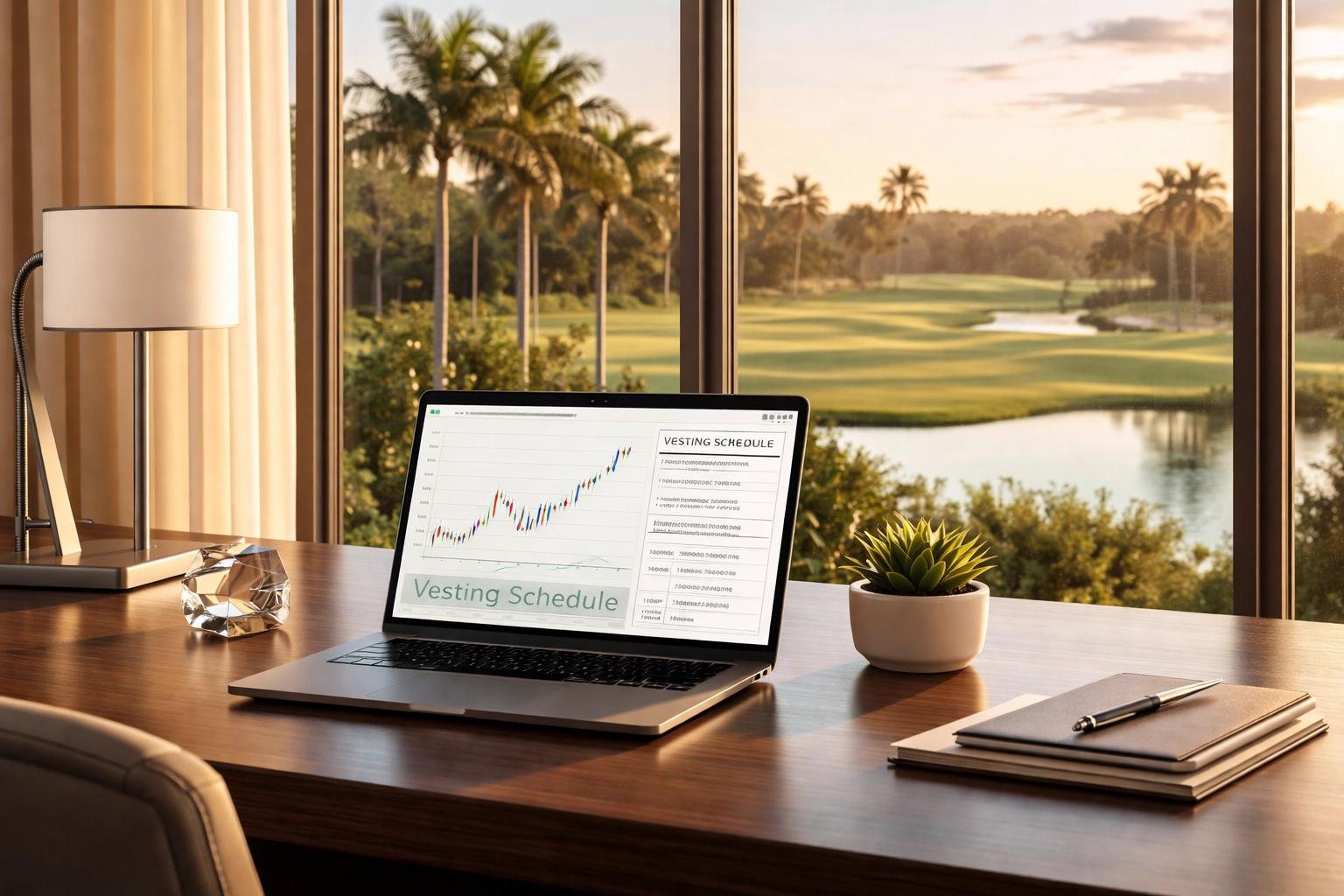Executive desk with laptop overlooking Florida golf course, illustrating wealth planning for PGA Boulevard executives