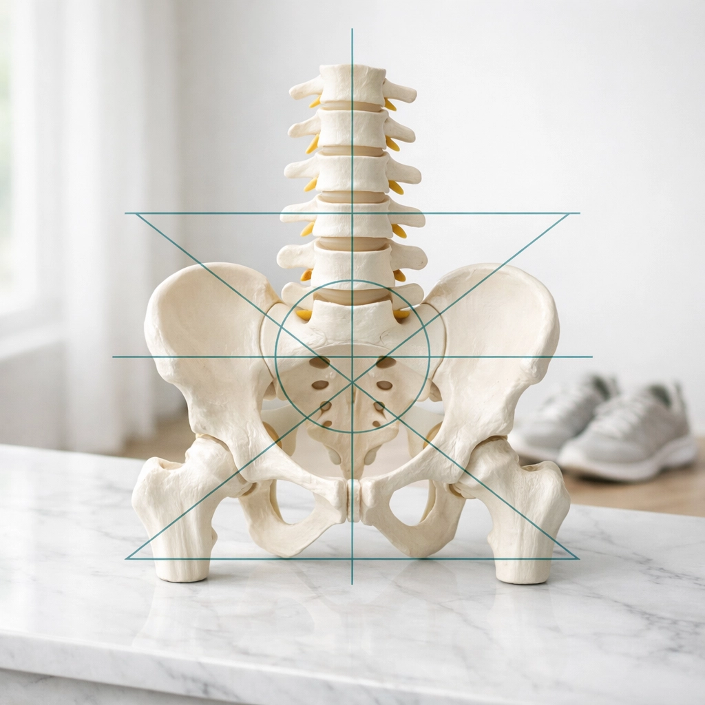 Pelvis and lower back anatomical model showing proper alignment and body balance for sciatica recovery.