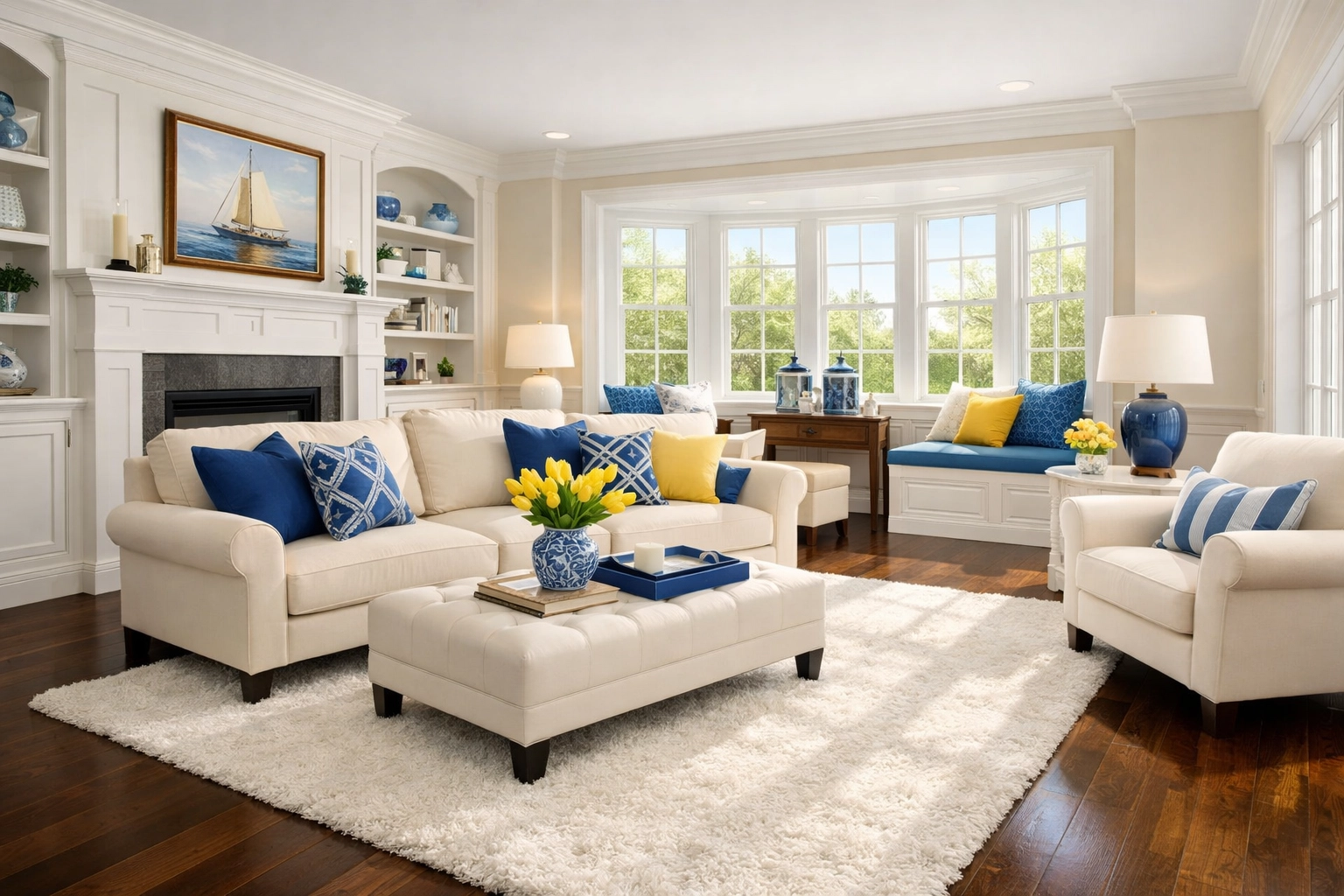 Spotless living room with hardwood floors after professional house cleaning Pepperell MA services.