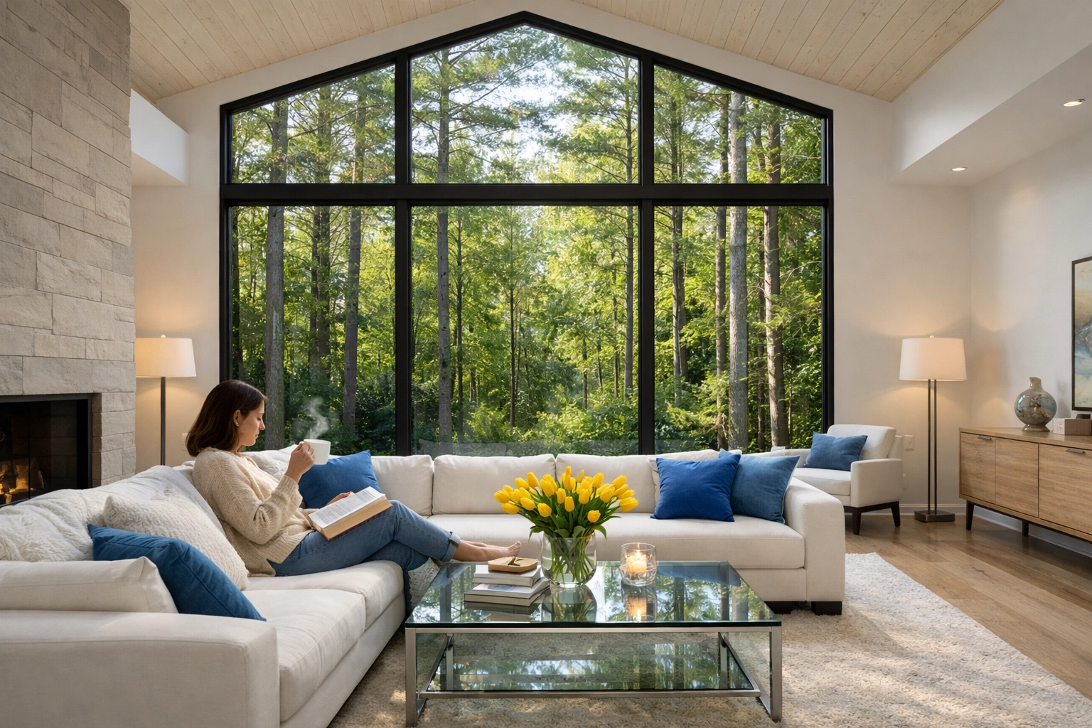 A homeowner enjoys a pristine living room after a professional residential cleaning Douglas MA service.