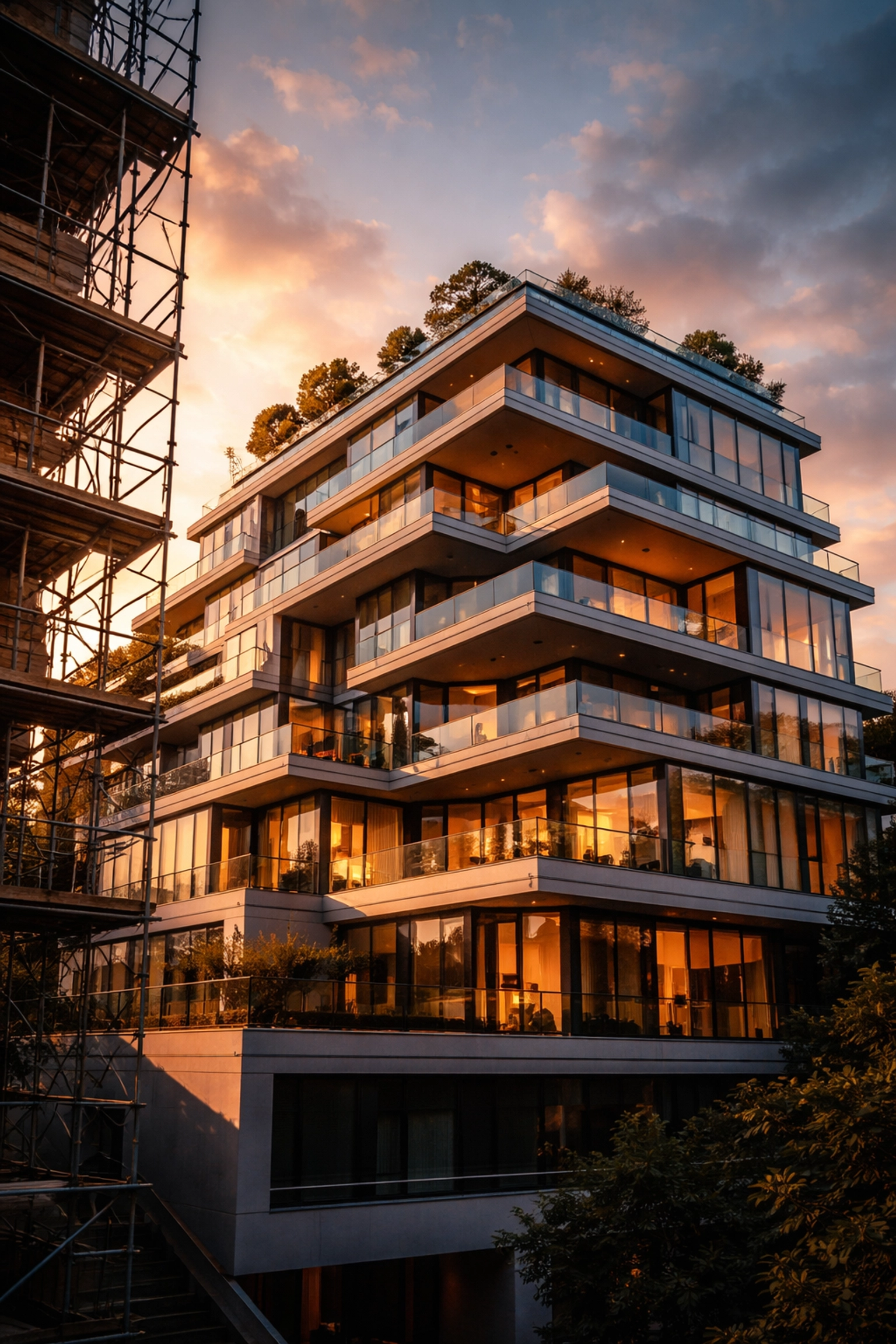 Contemporary luxury apartment building with sunset reflections, highlighting real estate investment strategies