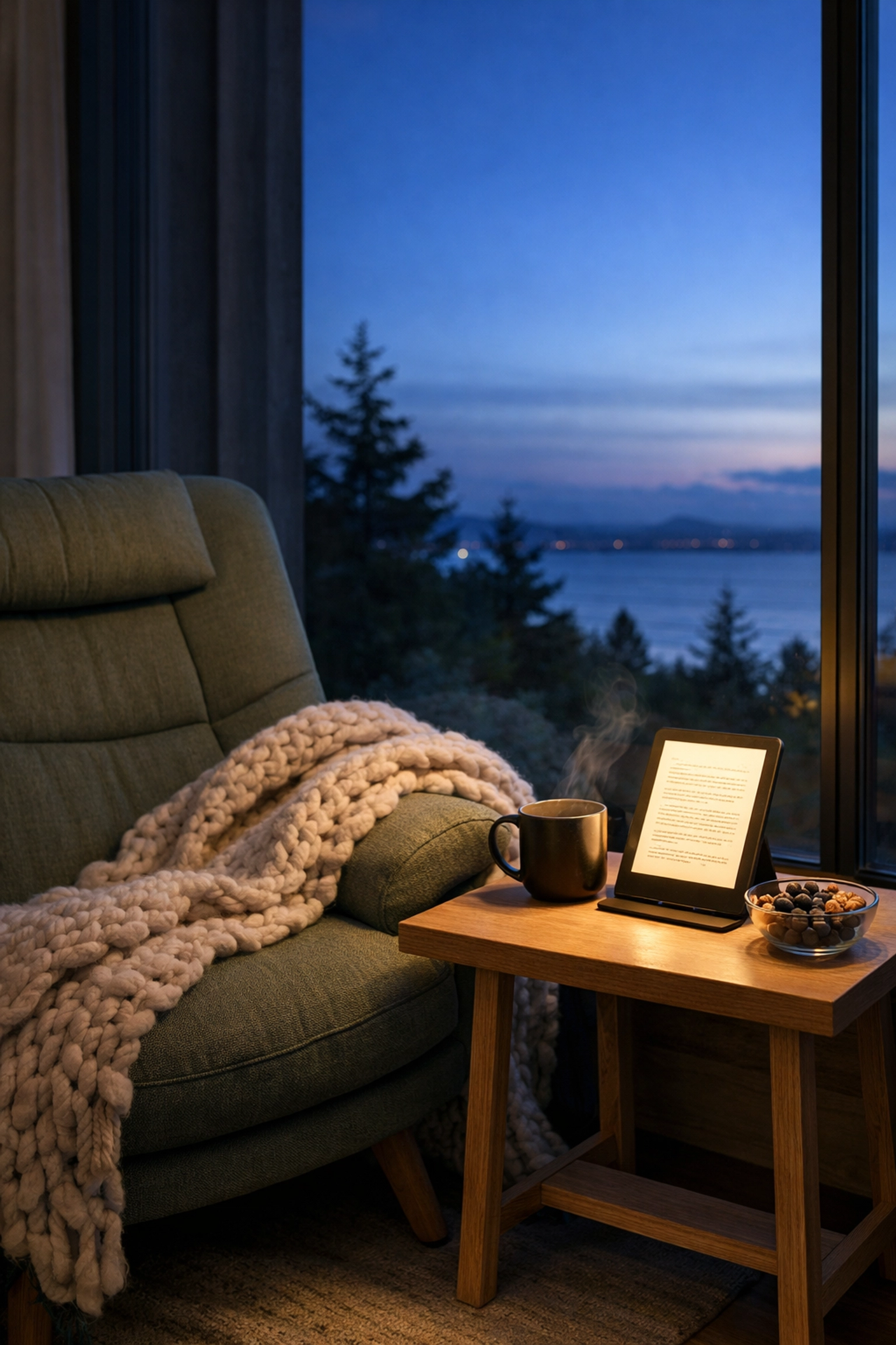 A cozy ergonomic study nook with a lounge chair and tablet for focused online learning and recovery.