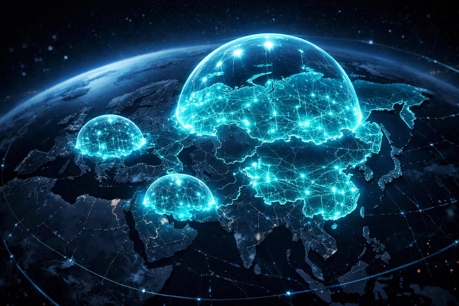 Digital globe showing data sovereignty with protective shields over regional borders for secure hosting.