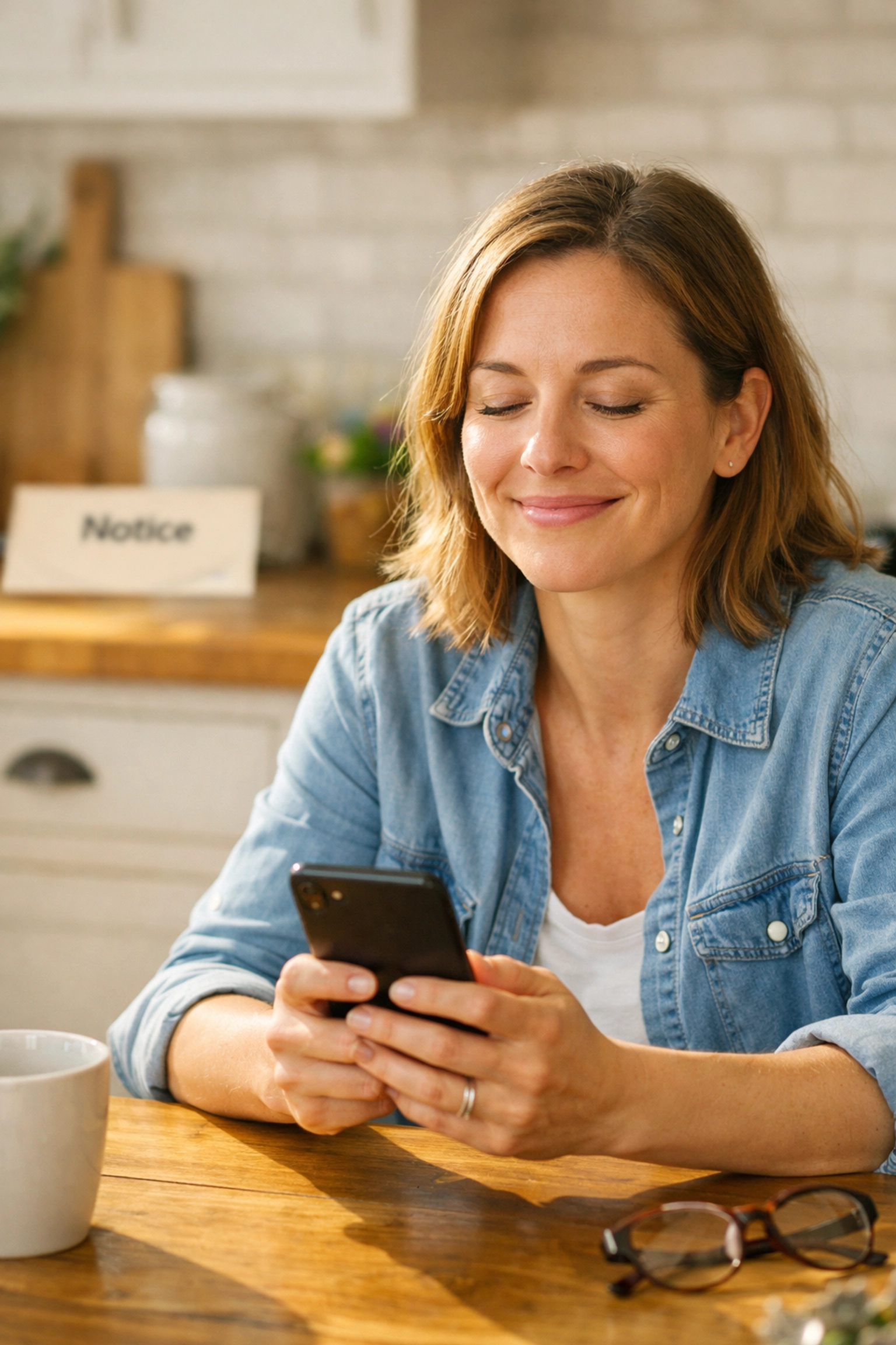 A relieved woman at home using a smartphone for an instant payday loan in Canada.