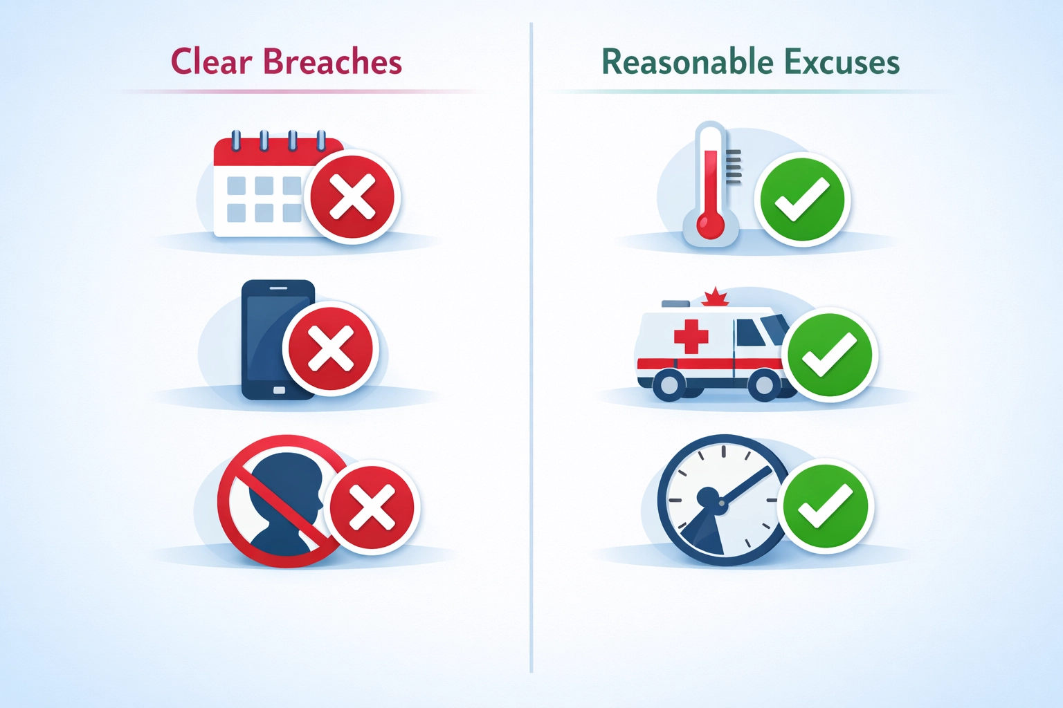 Visual guide showing breaches of child arrangements orders versus reasonable excuses