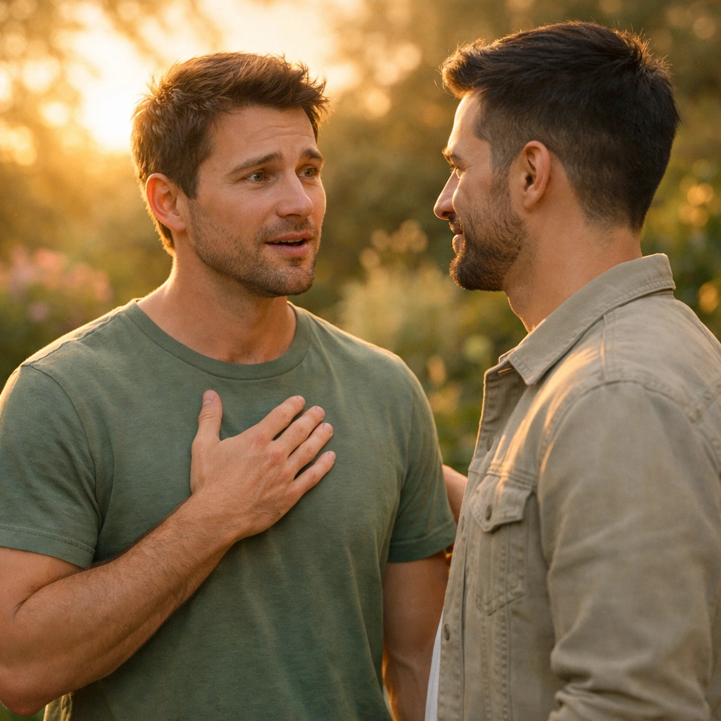 Two men sharing vulnerable moment in garden, illustrating MM romance emotional depth