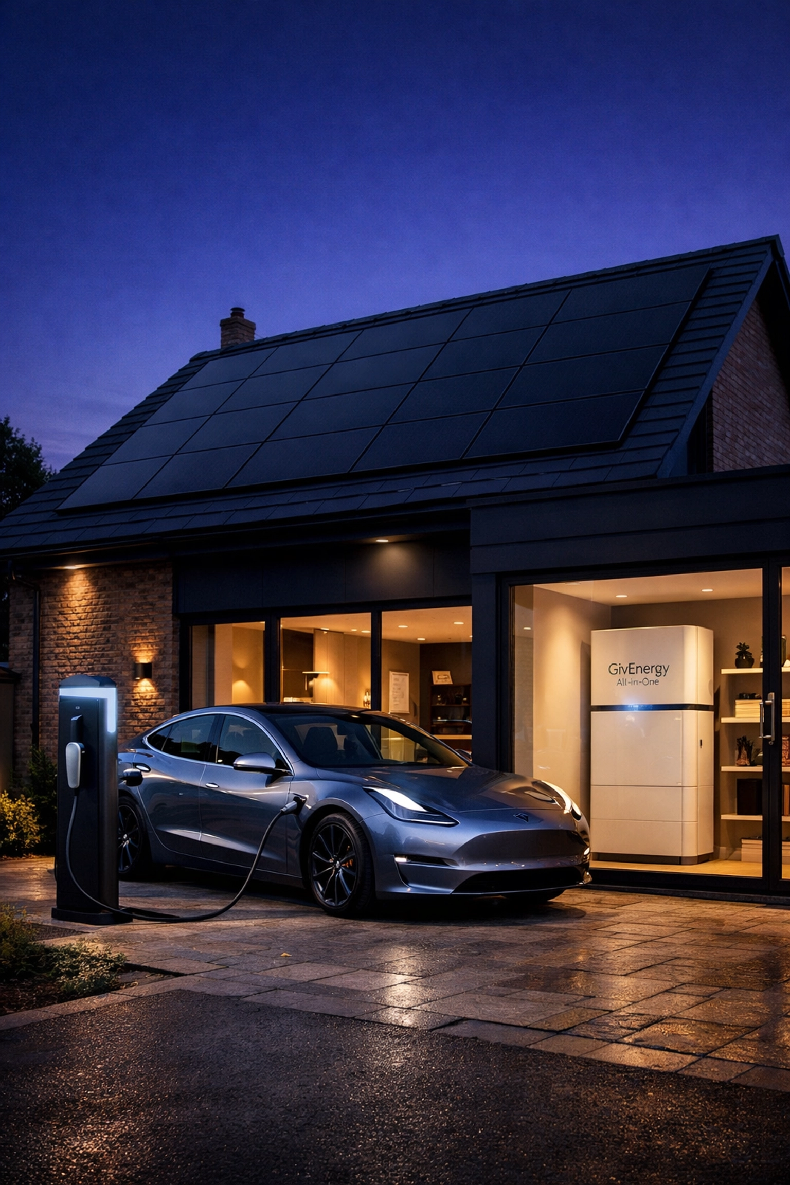 Sustainable UK home at twilight with integrated solar panels, EV charger, and GivEnergy battery storage.