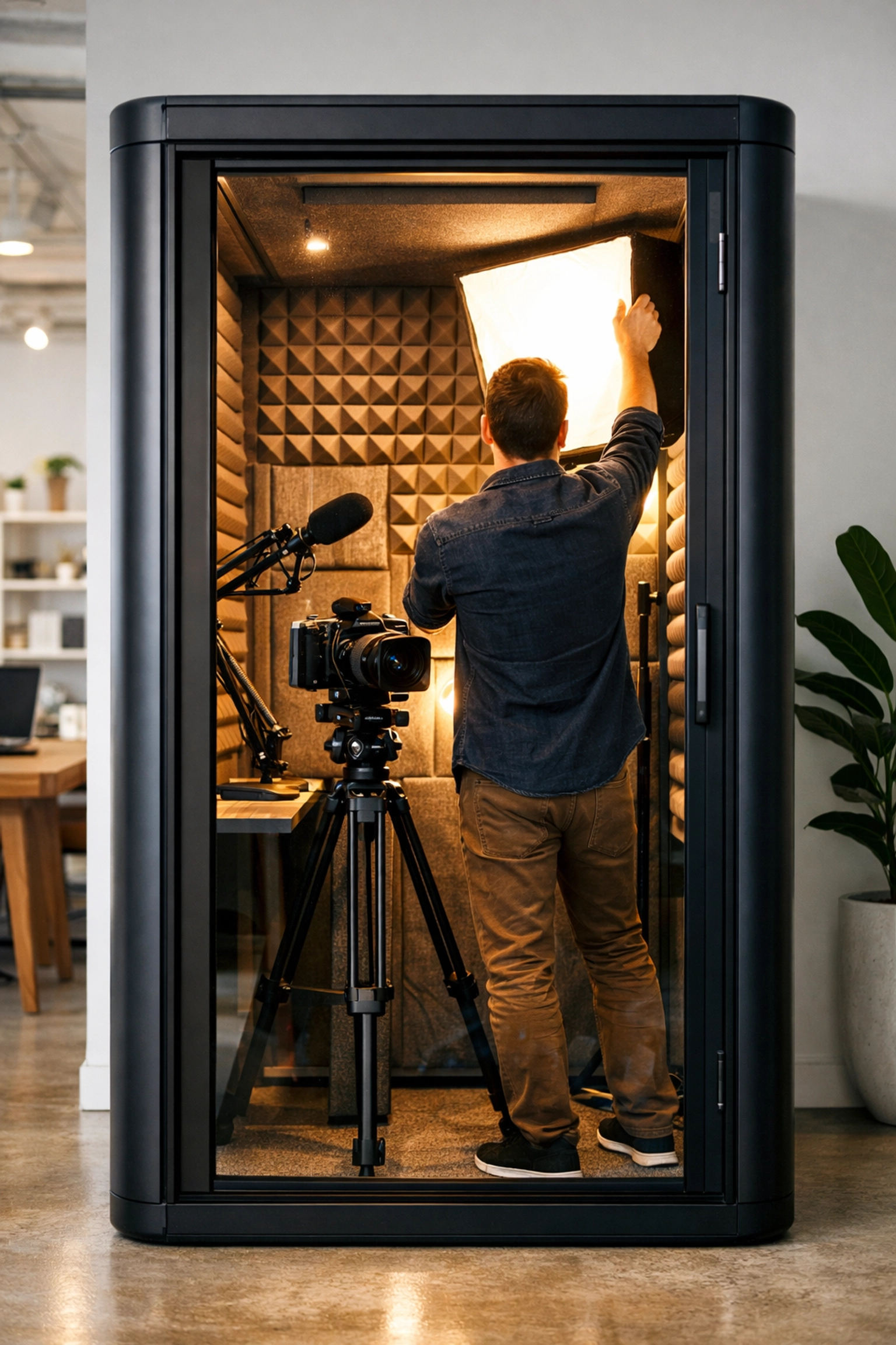 Professional content creation pod with high-end camera and audio equipment for digital media production.