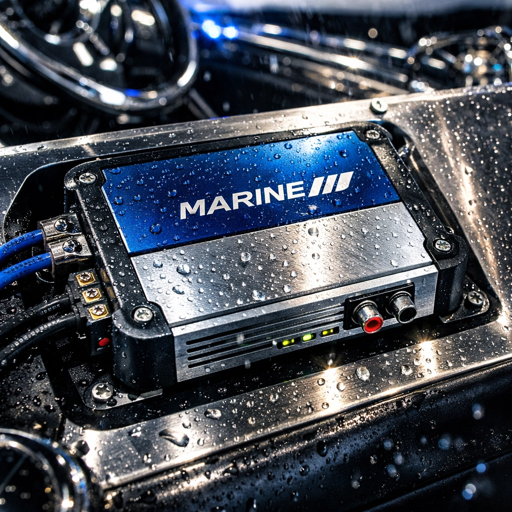 Marine Class D amplifier installed in boat console with corrosion-resistant finish