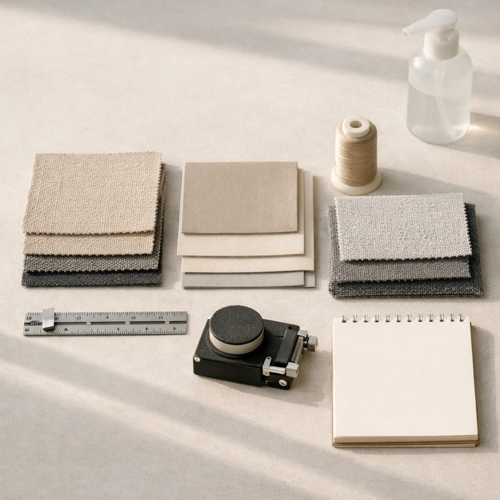 Performance fabric and marine vinyl swatches for commercial upholstery and furniture repair projects.