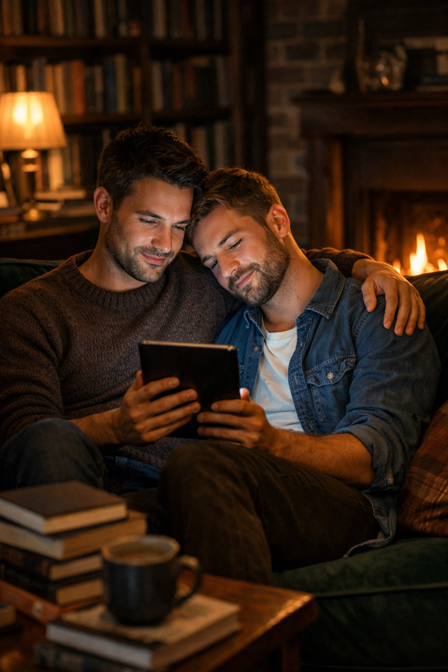 Two men cuddling on a sofa reading MM romance books together, illustrating the emotional depth of gay intimacy.