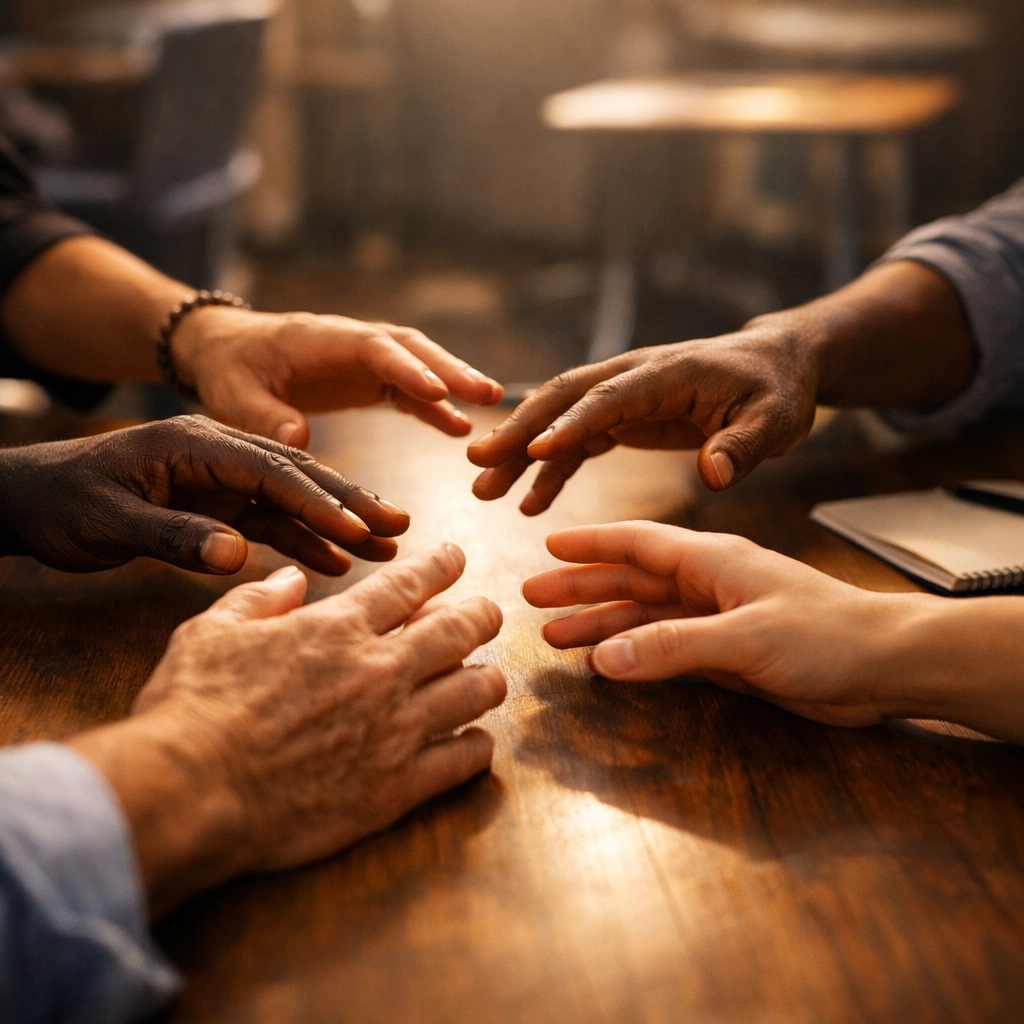 Diverse hands reaching together in dialogue over immigration and justice issues