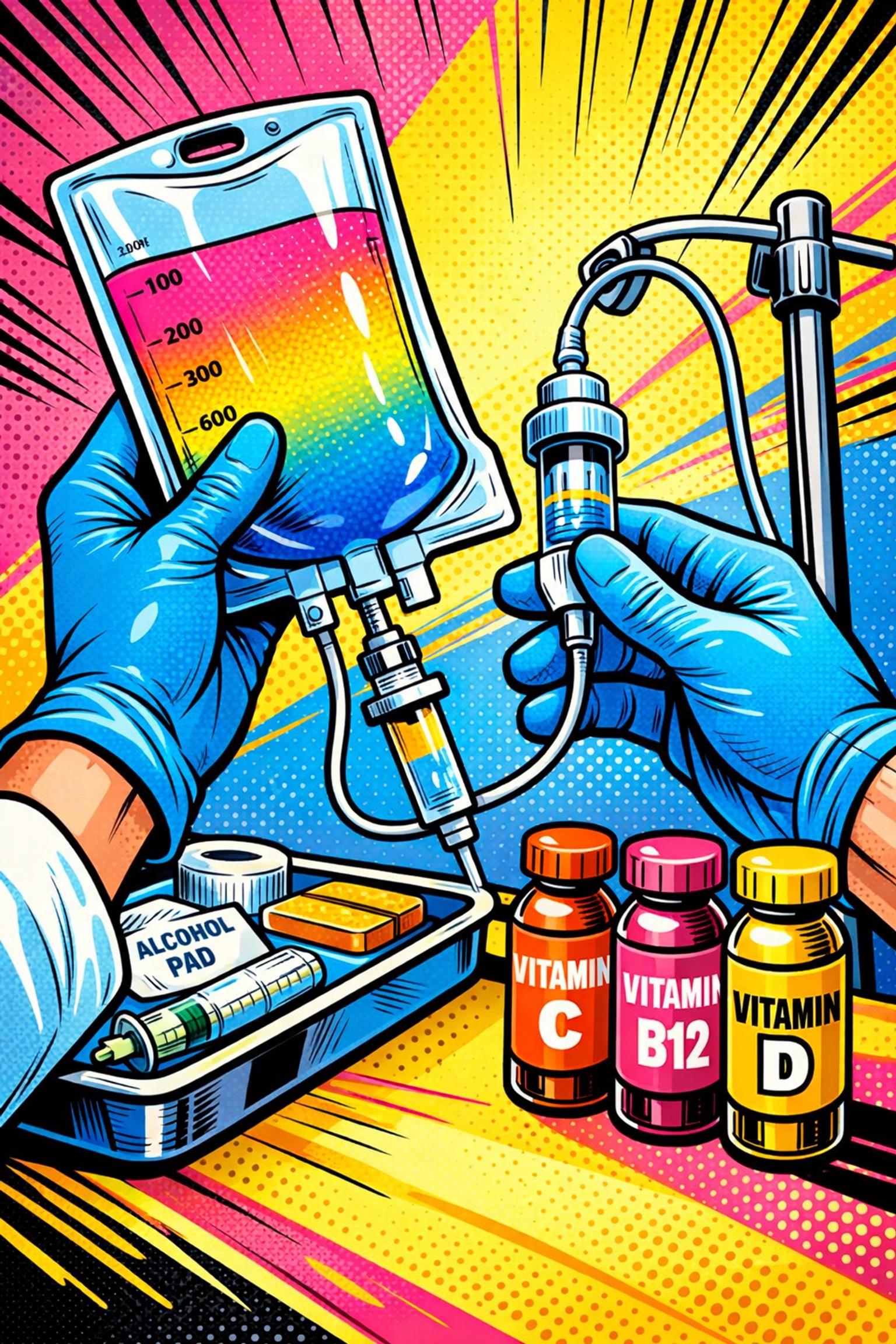 Medical professional preparing IV therapy supplies and vitamin treatments