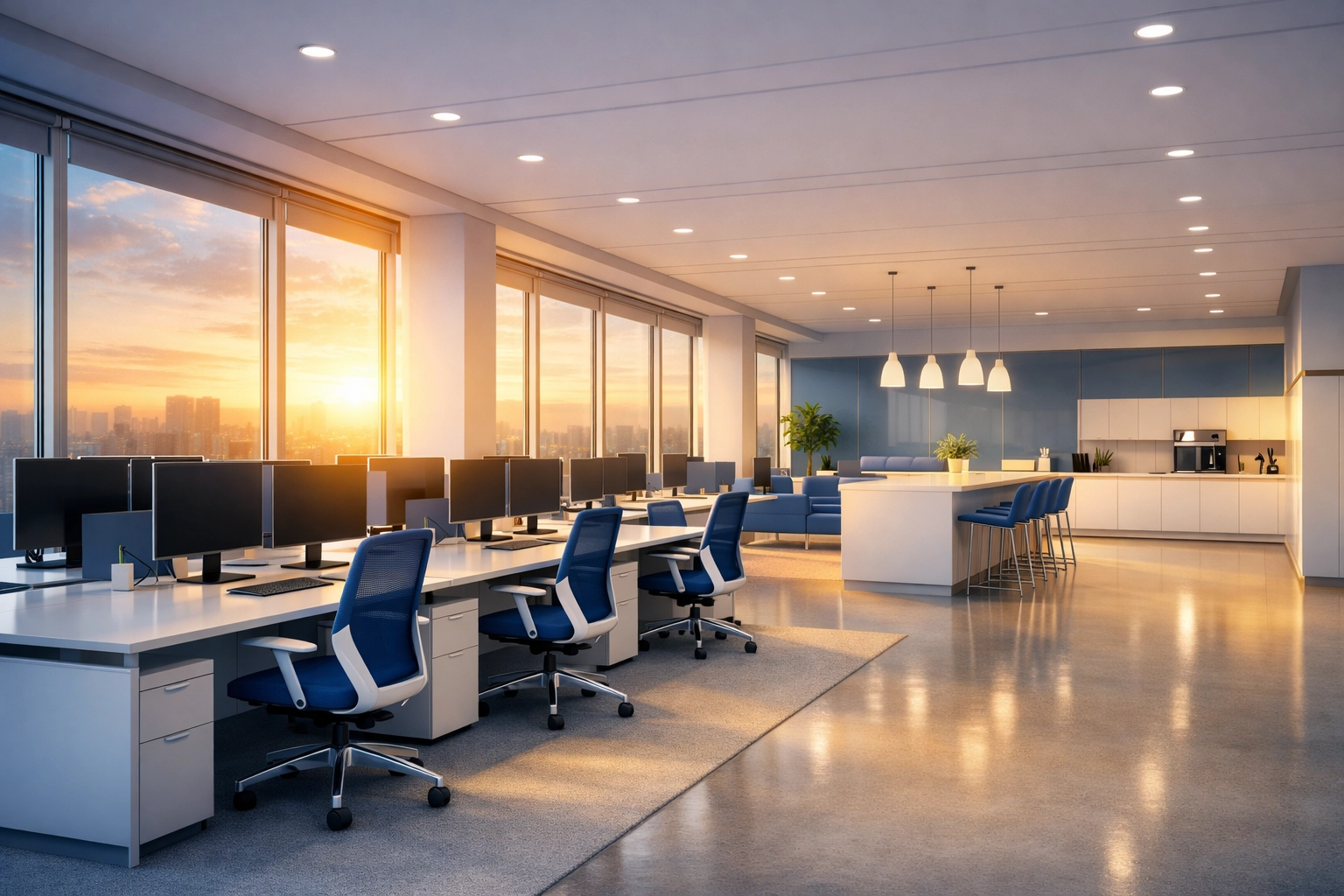 A perfectly clean and organized Foxborough office workspace at sunrise after a commercial cleaning service visit.