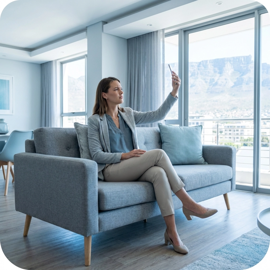 Young professional struggling with poor WiFi signal in a Cape Town apartment with Table Mountain view