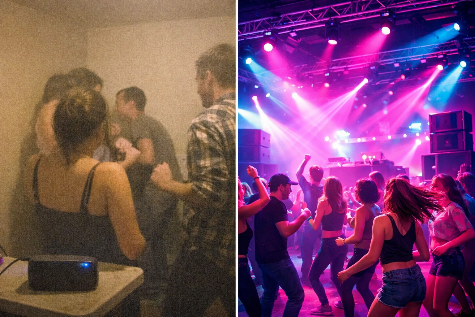 Comparison of low-budget versus professional dance venue with quality lighting and sound
