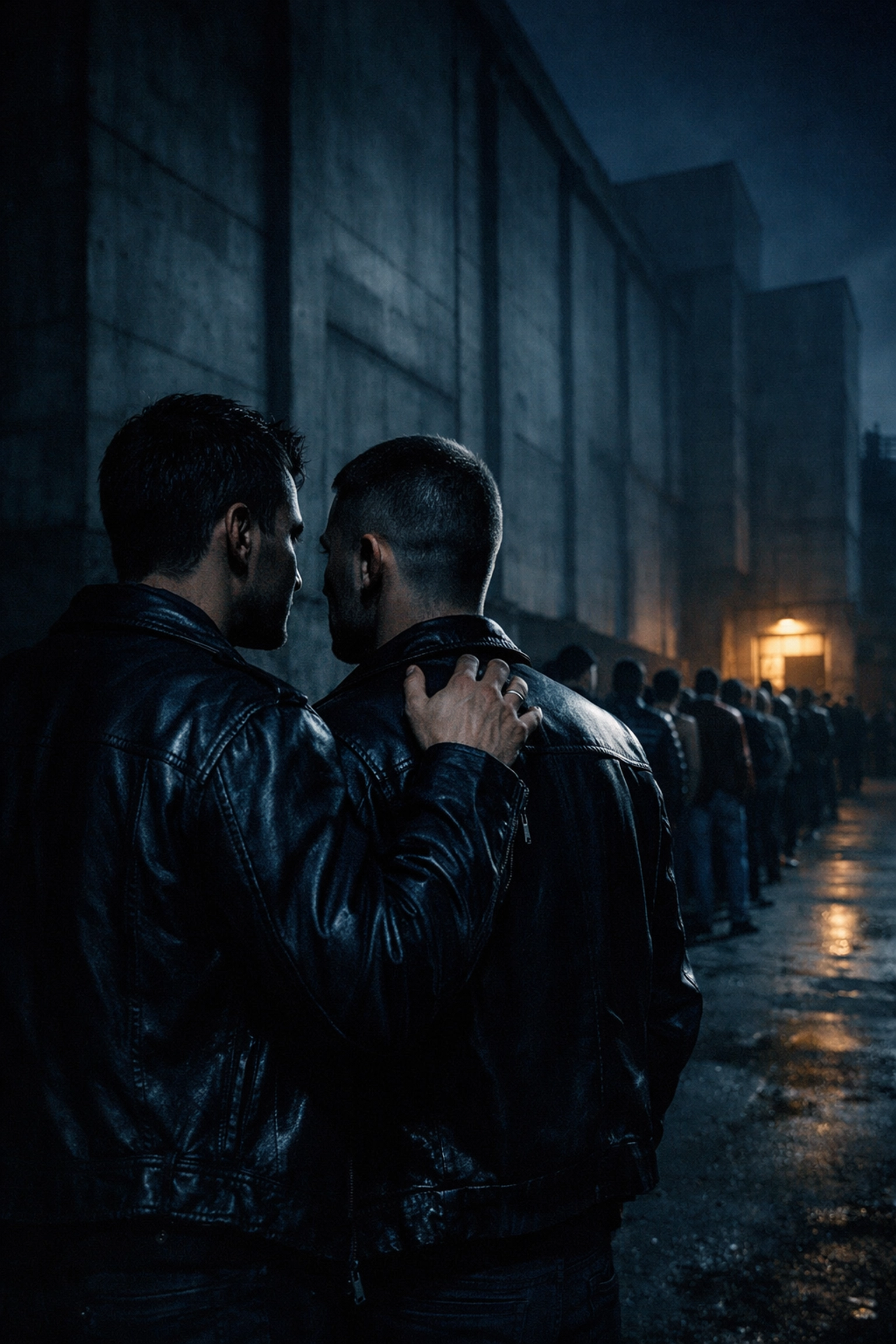 Gay couple waiting in queue outside Berghain nightclub Berlin at night