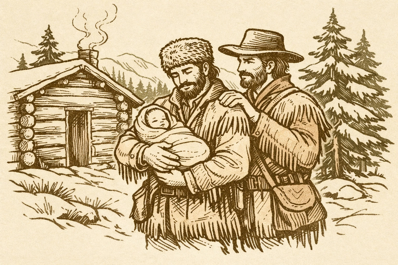 Two gay pioneers with orphaned infant by frontier cabin in 1870s Wyoming Territory
