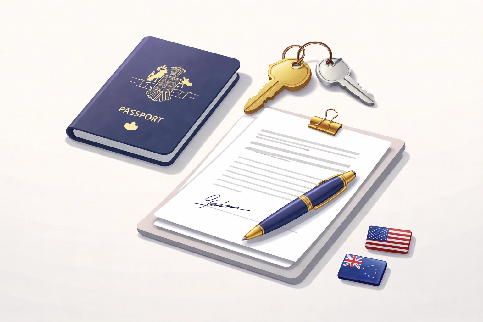 Australian passport, house key, and property documents showing legal requirements for Aussies buying real estate in the USA