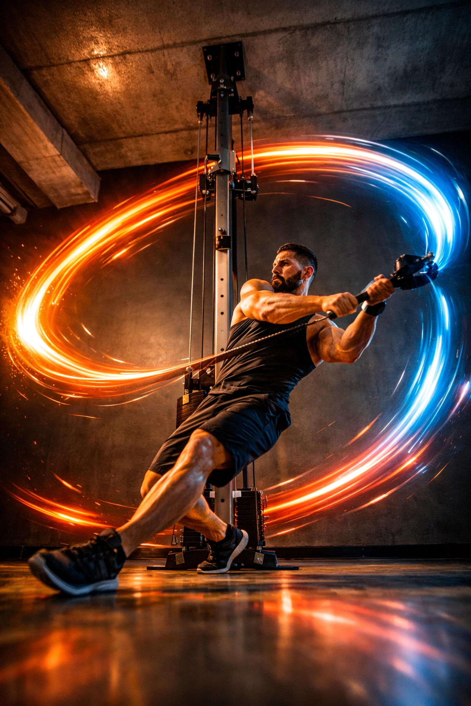 CrossFit athlete performing dynamic rotational movements using a versatile floor to ceiling gym system.