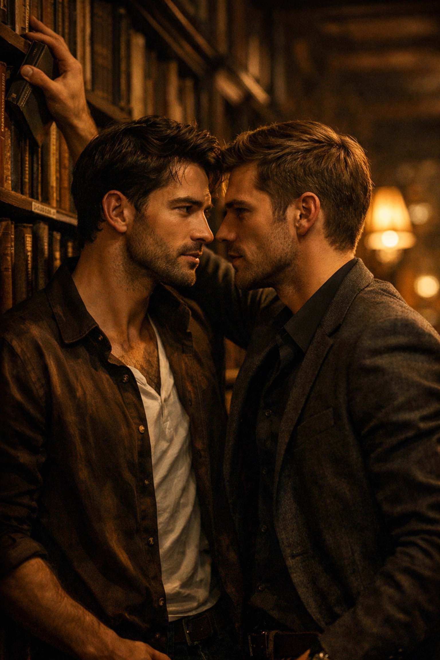 Two men sharing an intimate slow burn moment in a bookstore, illustrating an MM romance trope.