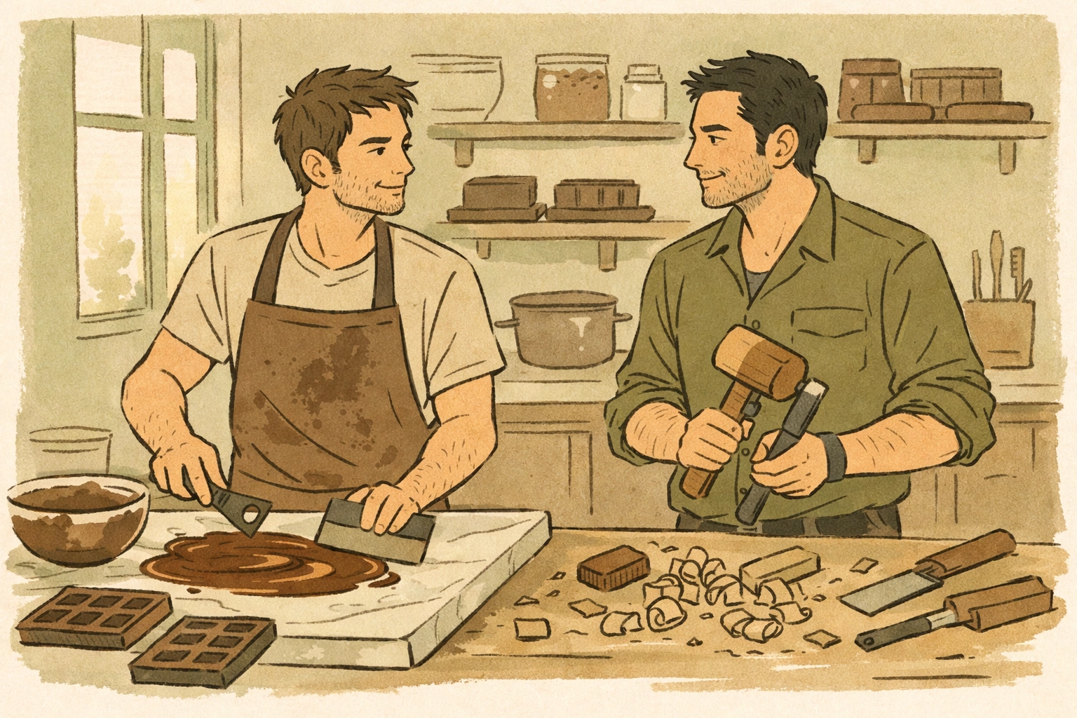 Gay romance between chocolatier and carpenter in artisan chocolate shop