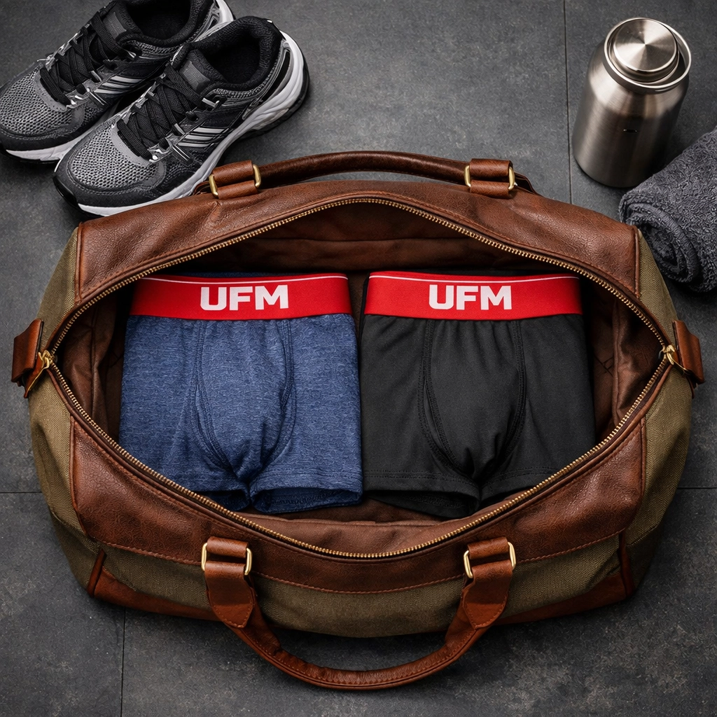Navy bamboo and charcoal polyester boxer briefs in a gym bag, comparing the best mens underwear materials.