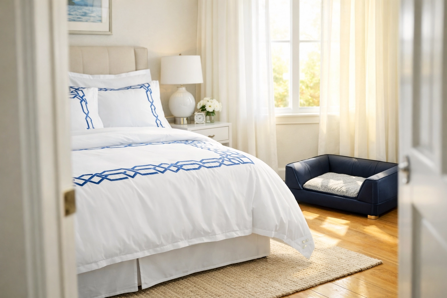 Freshly cleaned pet-friendly bedroom featuring a blue pet bed and crisp linens from maid services Lowell.