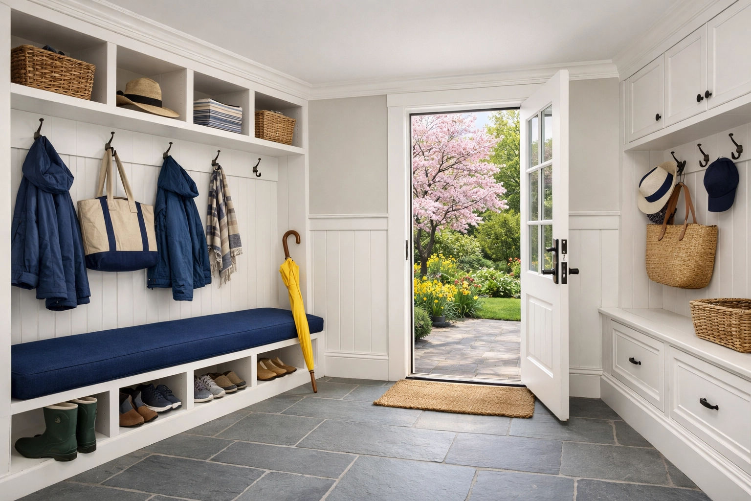 Spotless coastal mudroom after seasonal maintenance by professional cleaners in Marblehead.