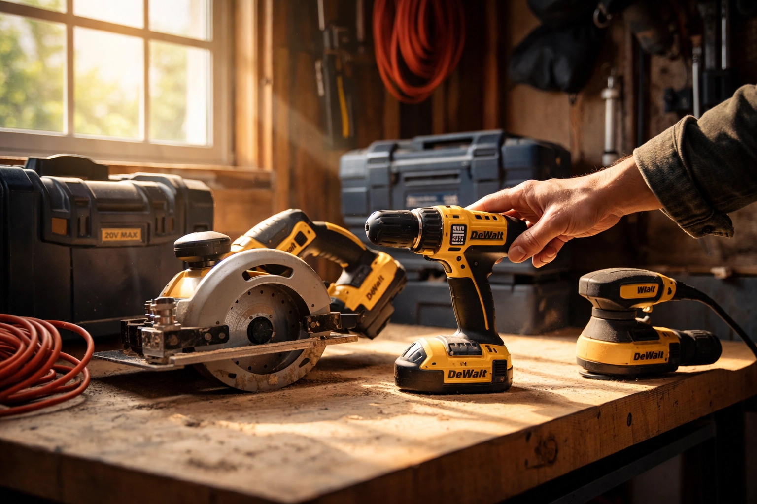 A tidy garage workbench with unused power tools and warm sunlight, highlighting potential extra income from tool rentals.