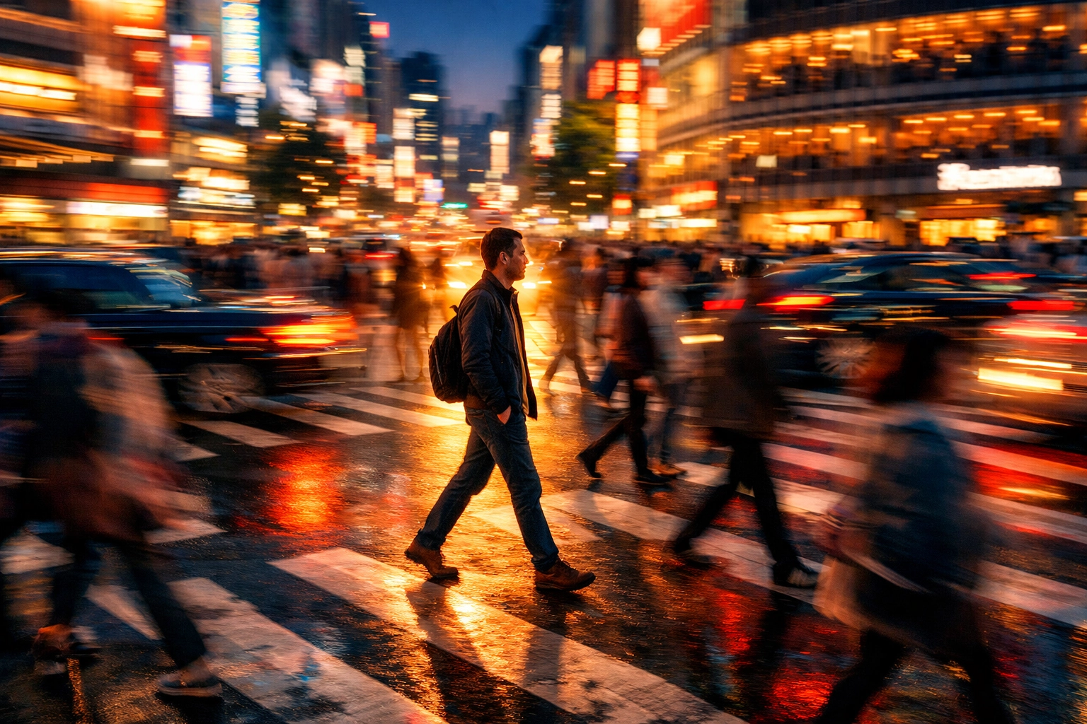 A calm person walking through a frantic city crowd, representing spiritual peace amidst worldly turmoil.
