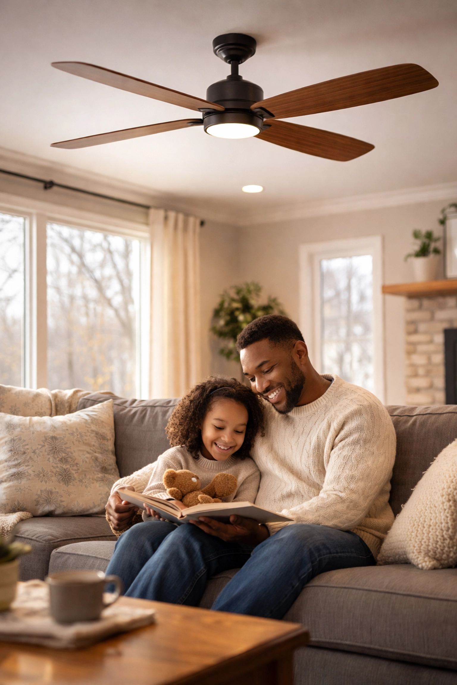 African American father and daughter relaxing under a ceiling fan in a cozy Gwinnett County living room in winter