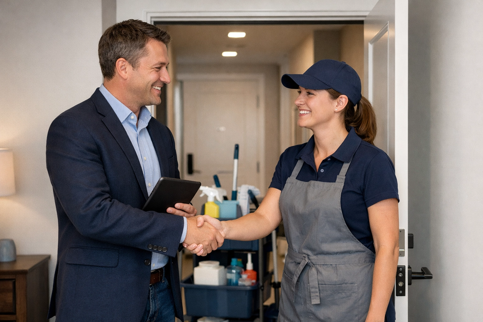 Property manager and cleaning service professional partnering for apartment turnover