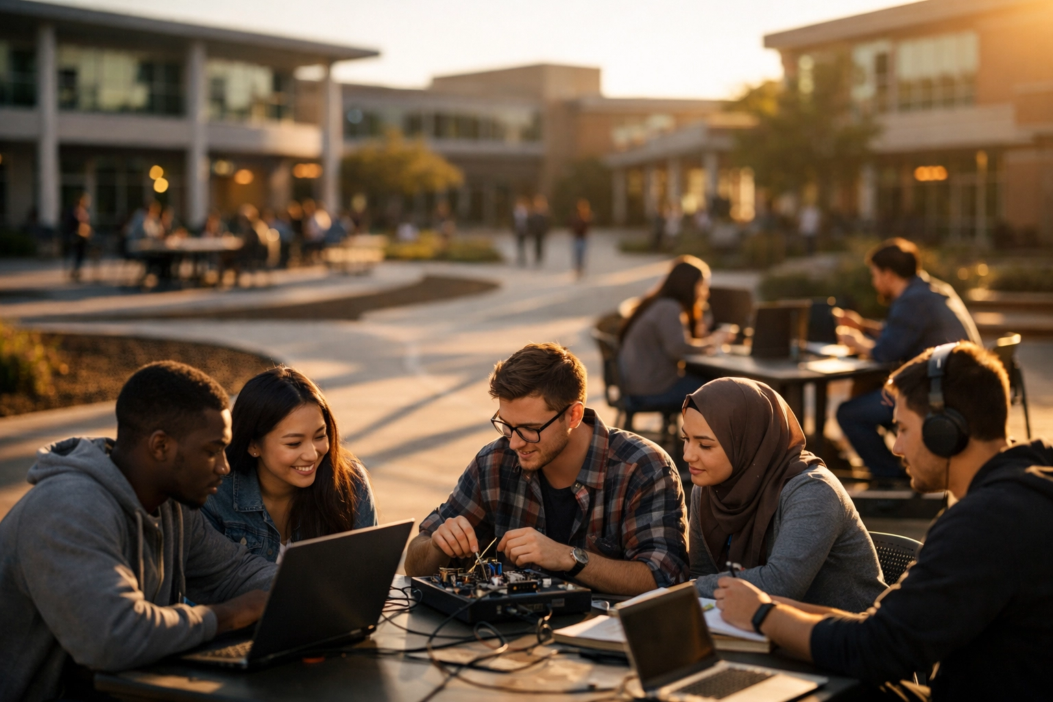 Community college students collaborate with laptops at campus, showing existing workforce infrastructure