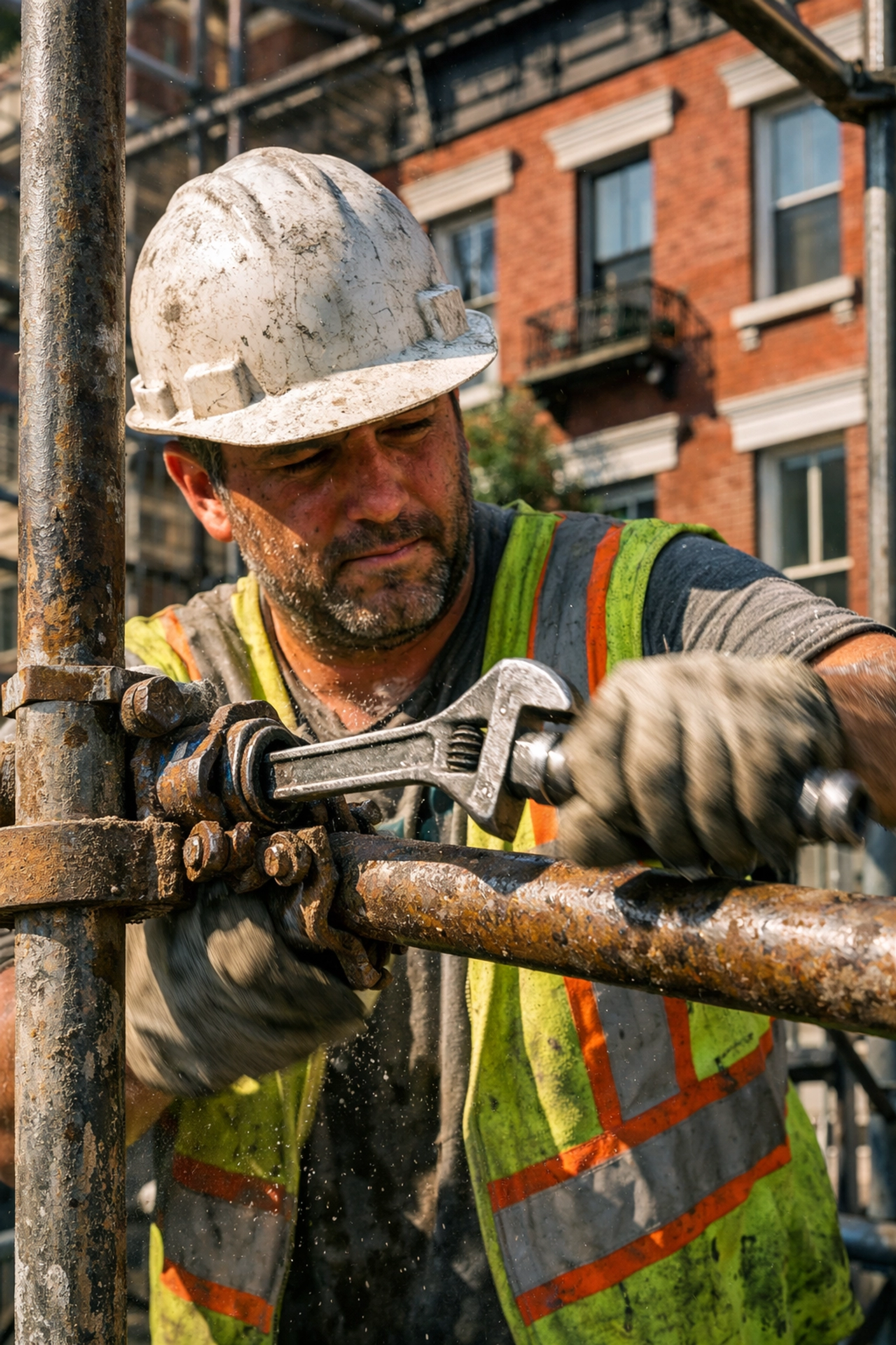 A construction worker removes a steel scaffolding pole to reveal a historic New York City brick building facade.