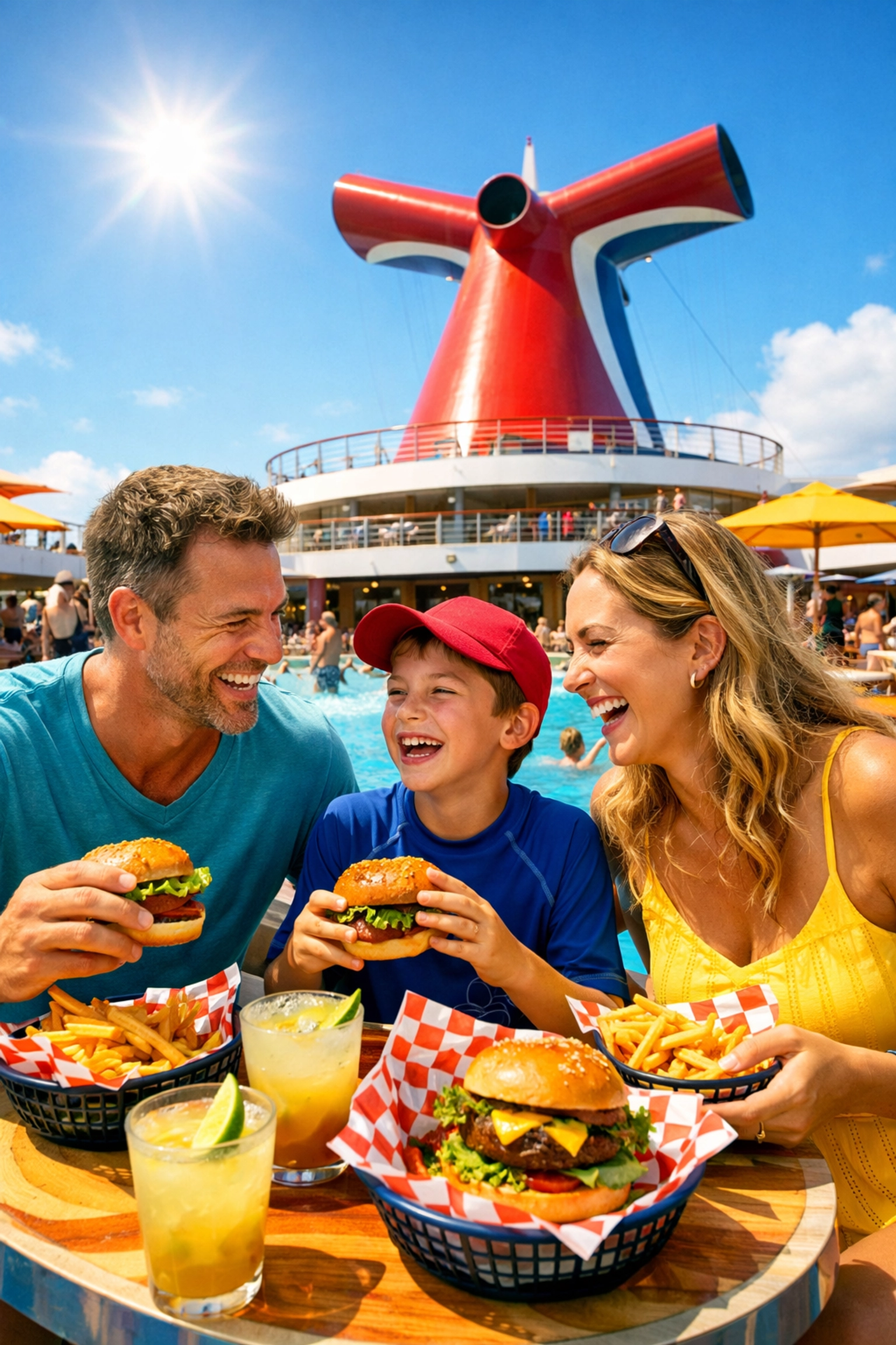 A family enjoys poolside burgers on a sunny Carnival cruise ship deck with the iconic whale-tail funnel.