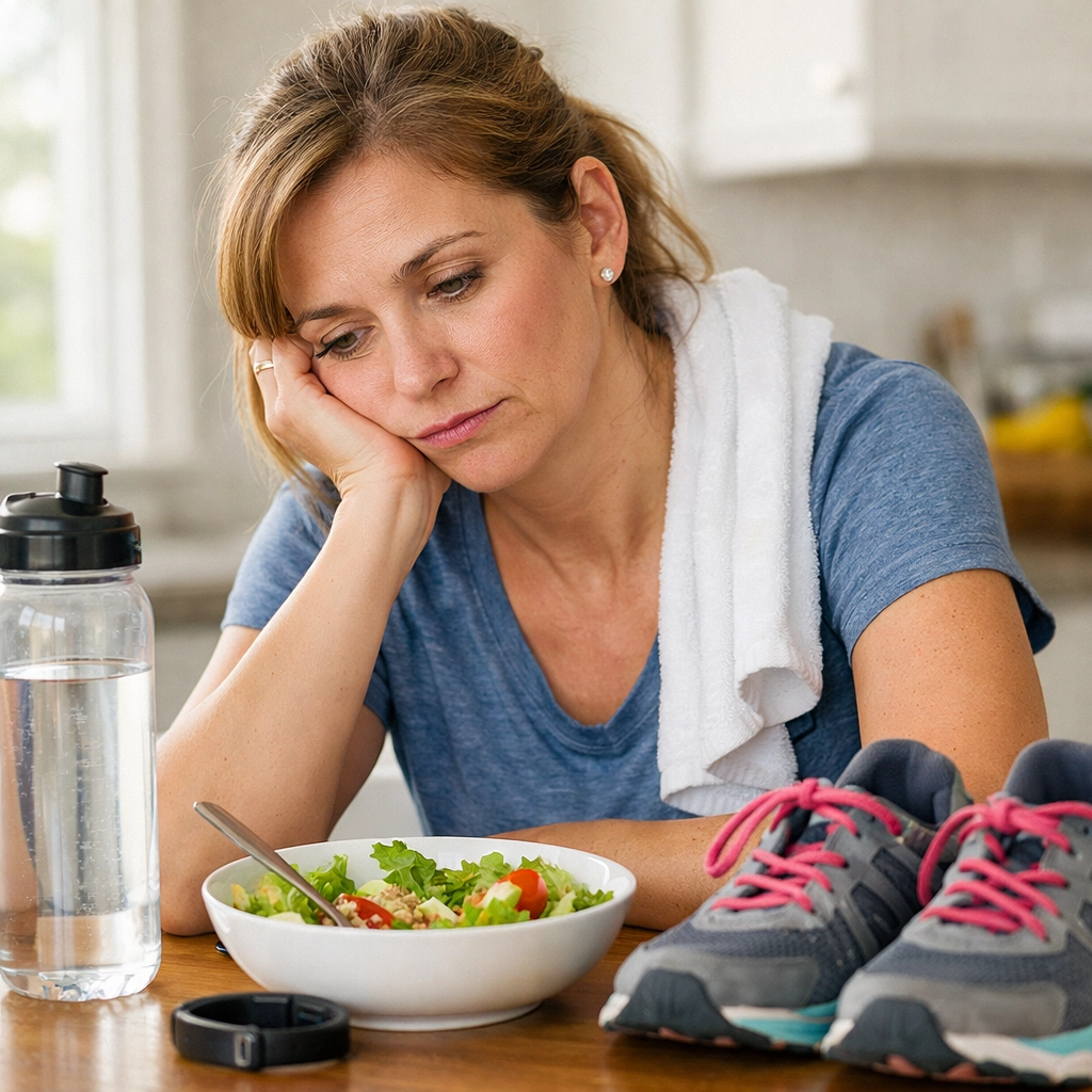 Exhausted woman in perimenopause after exercise despite eating healthy and working out regularly
