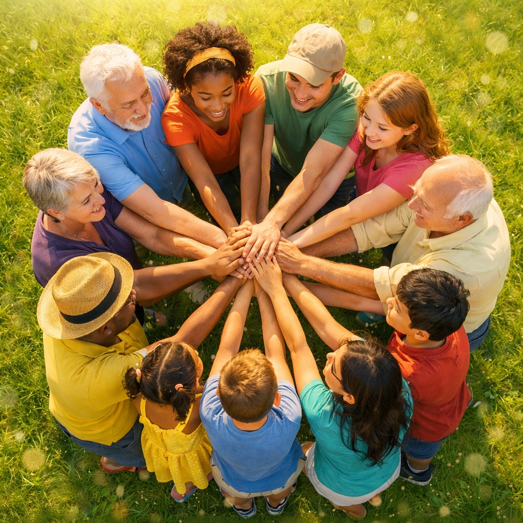 Diverse community of believers joining hands in unity representing the Church's mission together