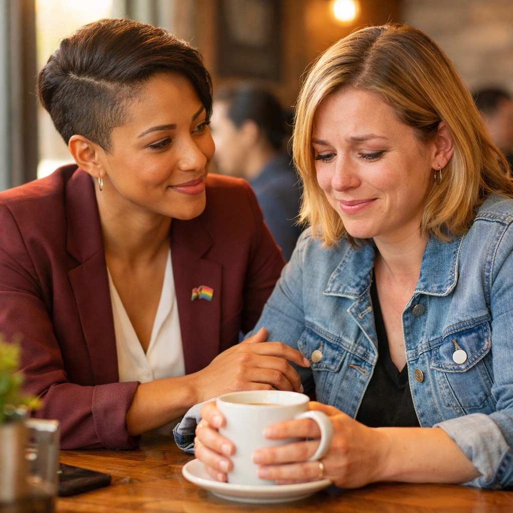 Manager offering support during coming out conversation at coffee shop, LGBTQ workplace ally