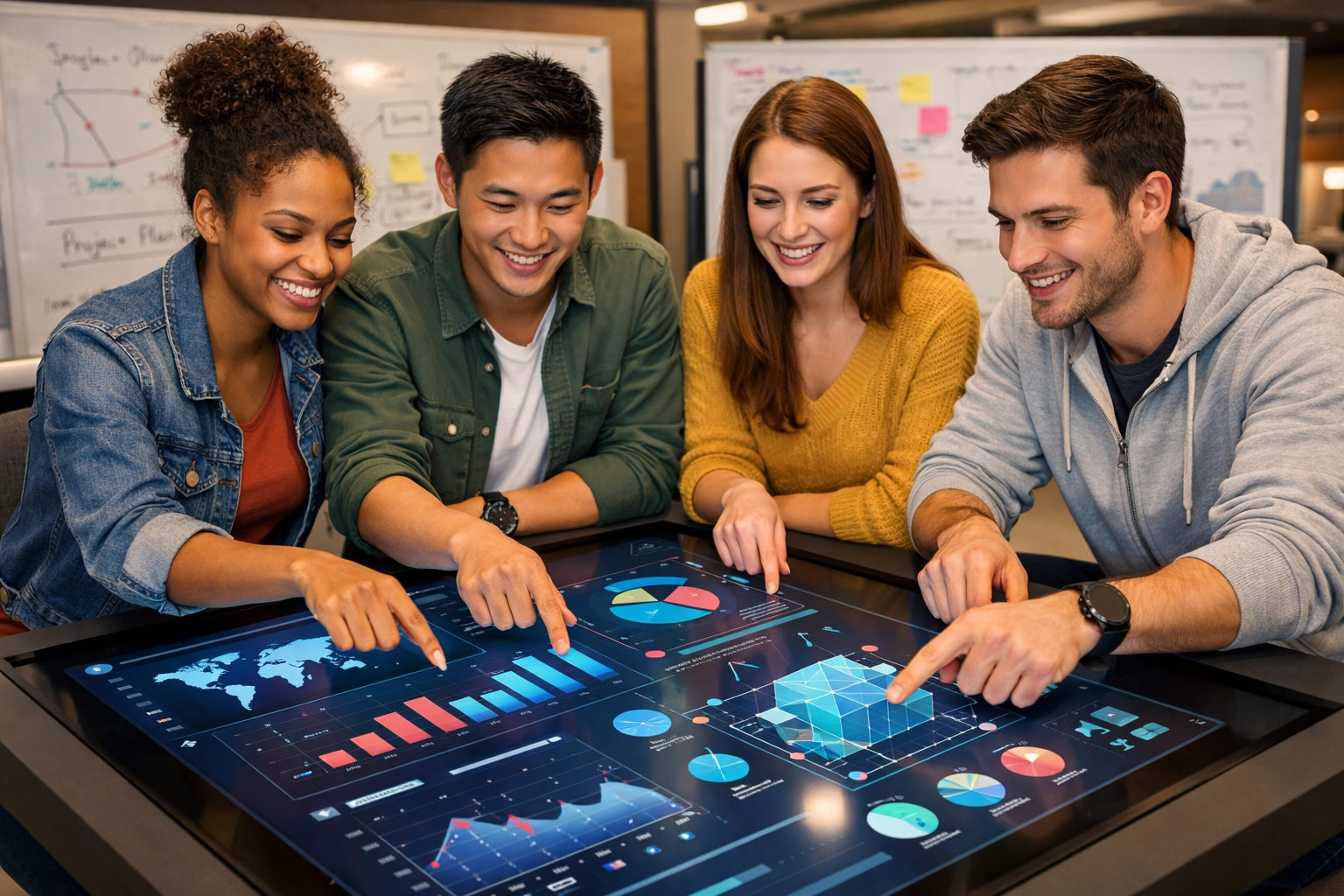 A diverse team of professionals collaborating on a strategic digital dashboard for media innovation.