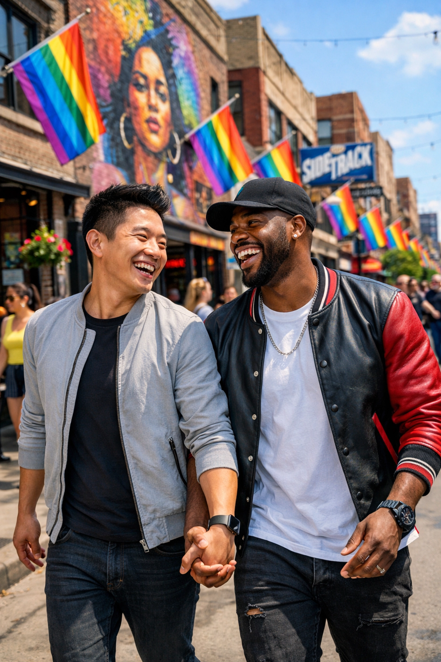 Gay couple holding hands walking through Chicago Boystown LGBTQ+ neighborhood