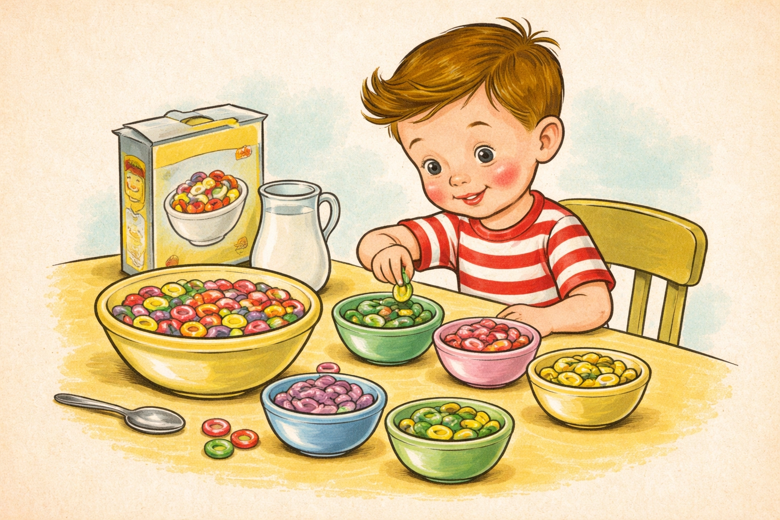 Child sorting colorful cereal pieces into bowls at a kitchen table for a bracelet craft activity