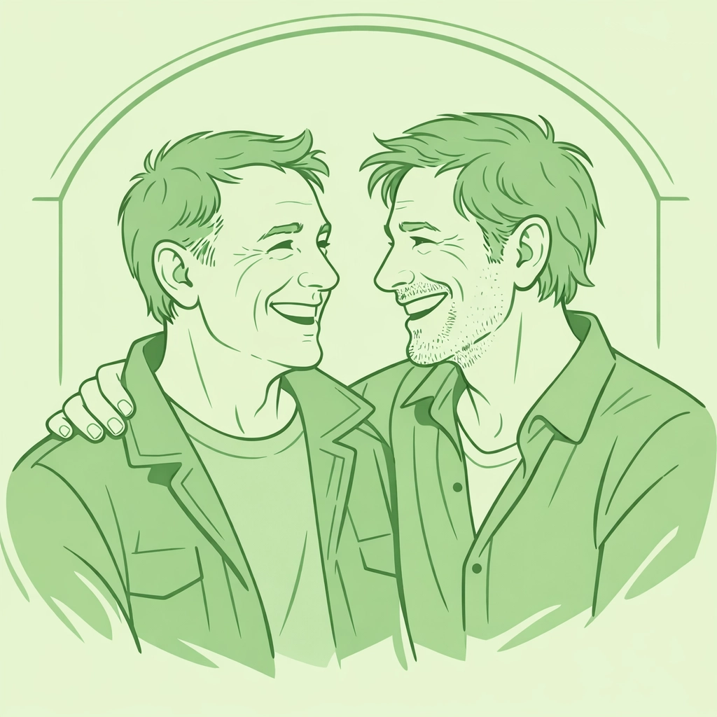 Joyful drawing of two men in their 50s finding love, representing the awakening trope in MM romance.