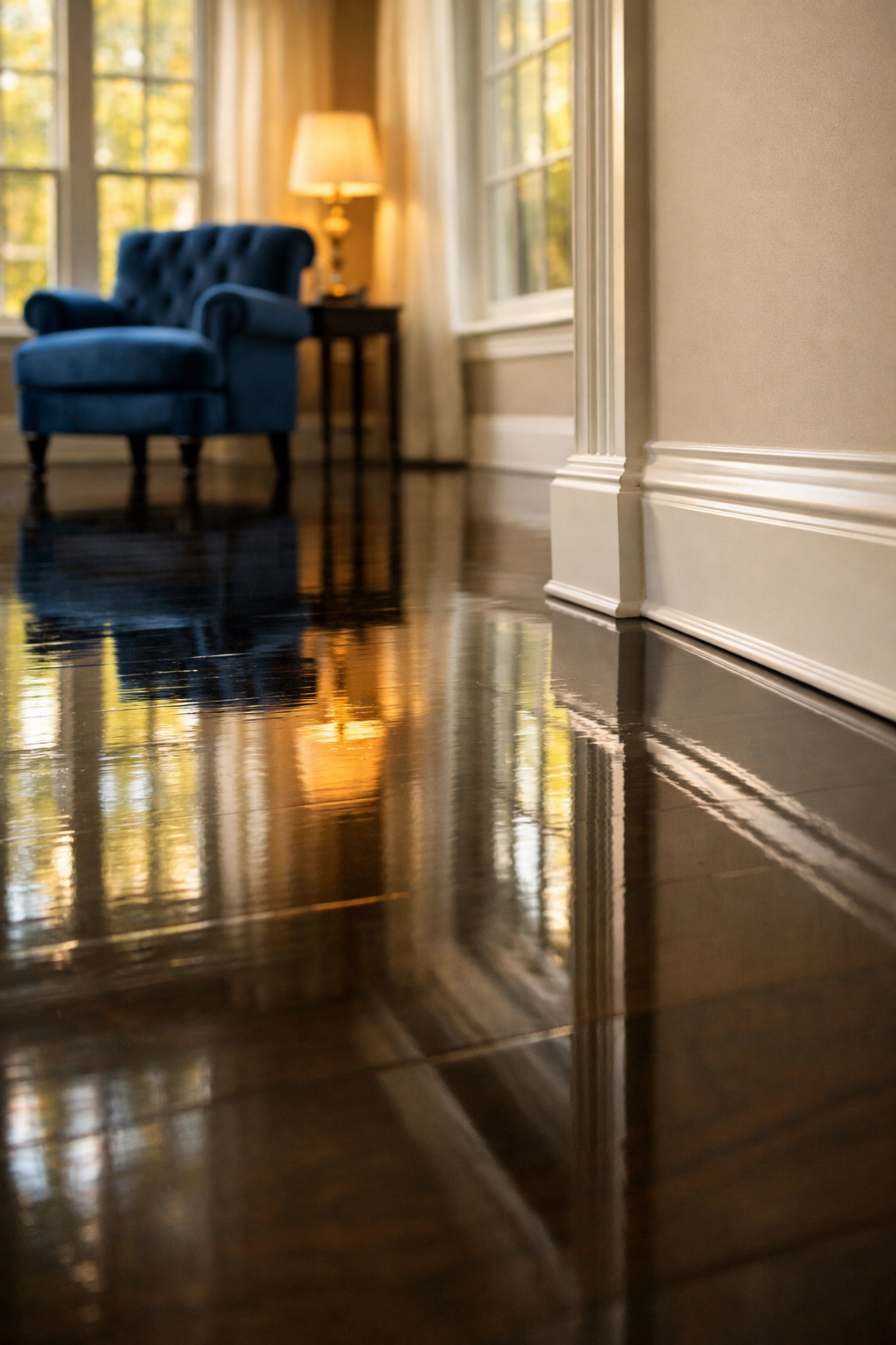 Pristine Boxborough estate living room with polished hardwood floors after a luxury deep cleaning service.