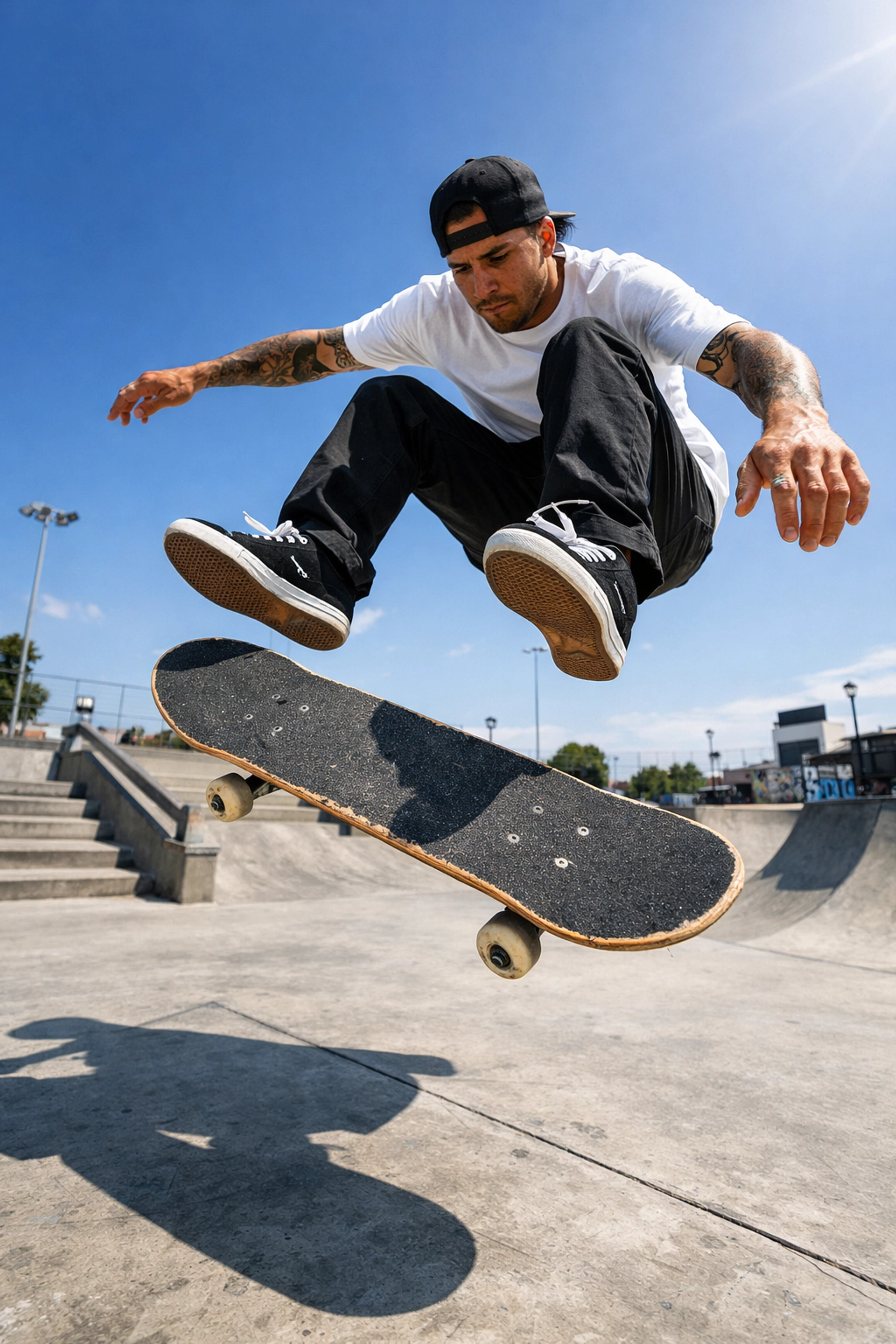 Action shot of a skateboarder frozen in motion using fast shutter speed settings in manual mode.