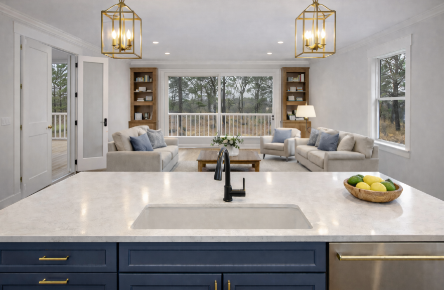 Open-concept living space with modern coastal kitchen island