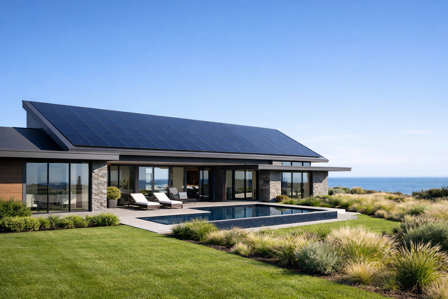 A sustainable coastal property in Bournemouth powered by integrated solar panels and battery storage.