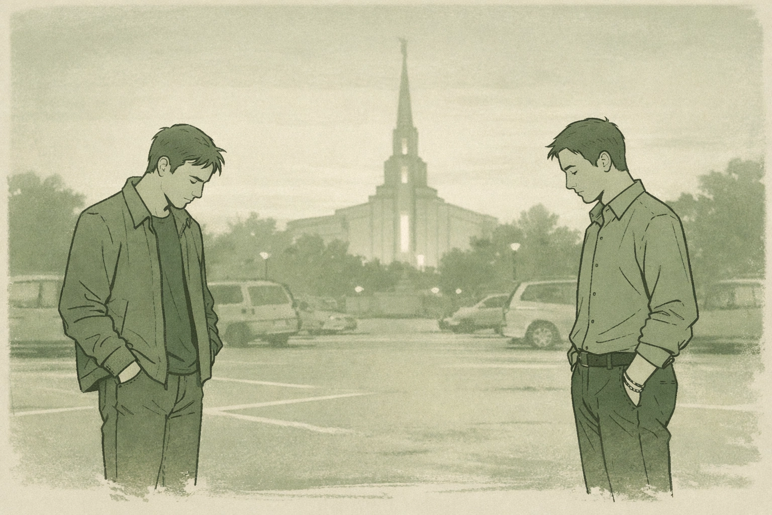 Two gay men facing missed connection outside Mormon temple - one married, depicting tragic lost love