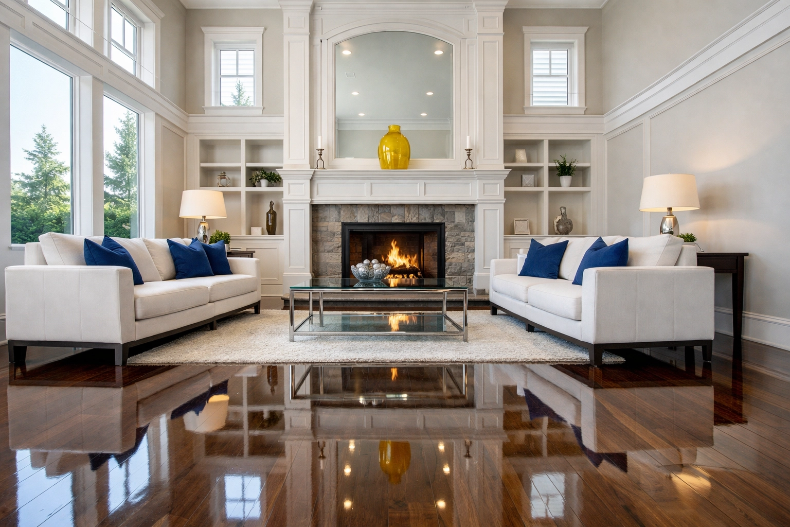 Spotless Littleton living room with polished hardwood floors after professional deep cleaning services.